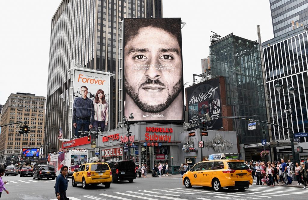 Colin Kaepernick on a billboard in NYC advertising for Nike.