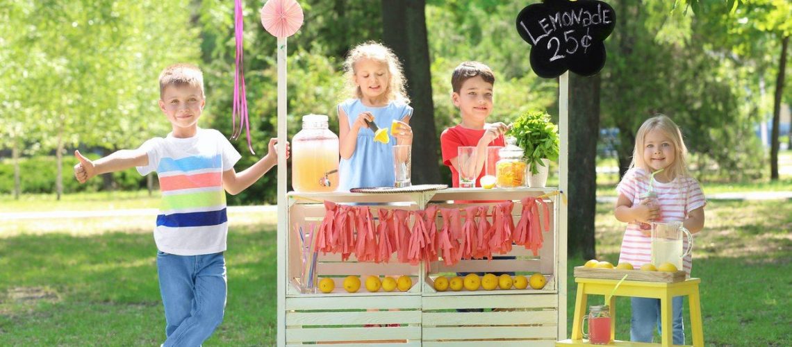 Happy children making lemonade at stand in park, Image: 396056432, License: Royalty-free, Restrictions: , Model Release: yes, Credit line: Profimedia, Stock Budget